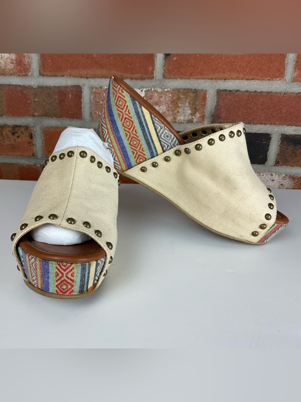 Rampage Cream Canvas Open-Toe Studded Mules with Multicolor Tribal Trim